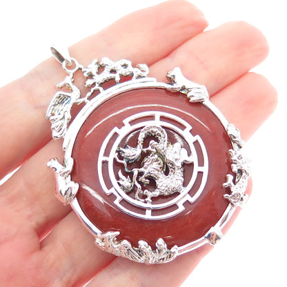 ROSS SIMONS 925 Sterling Silver Vintage Real Red Jade Royal Dragon Pendant