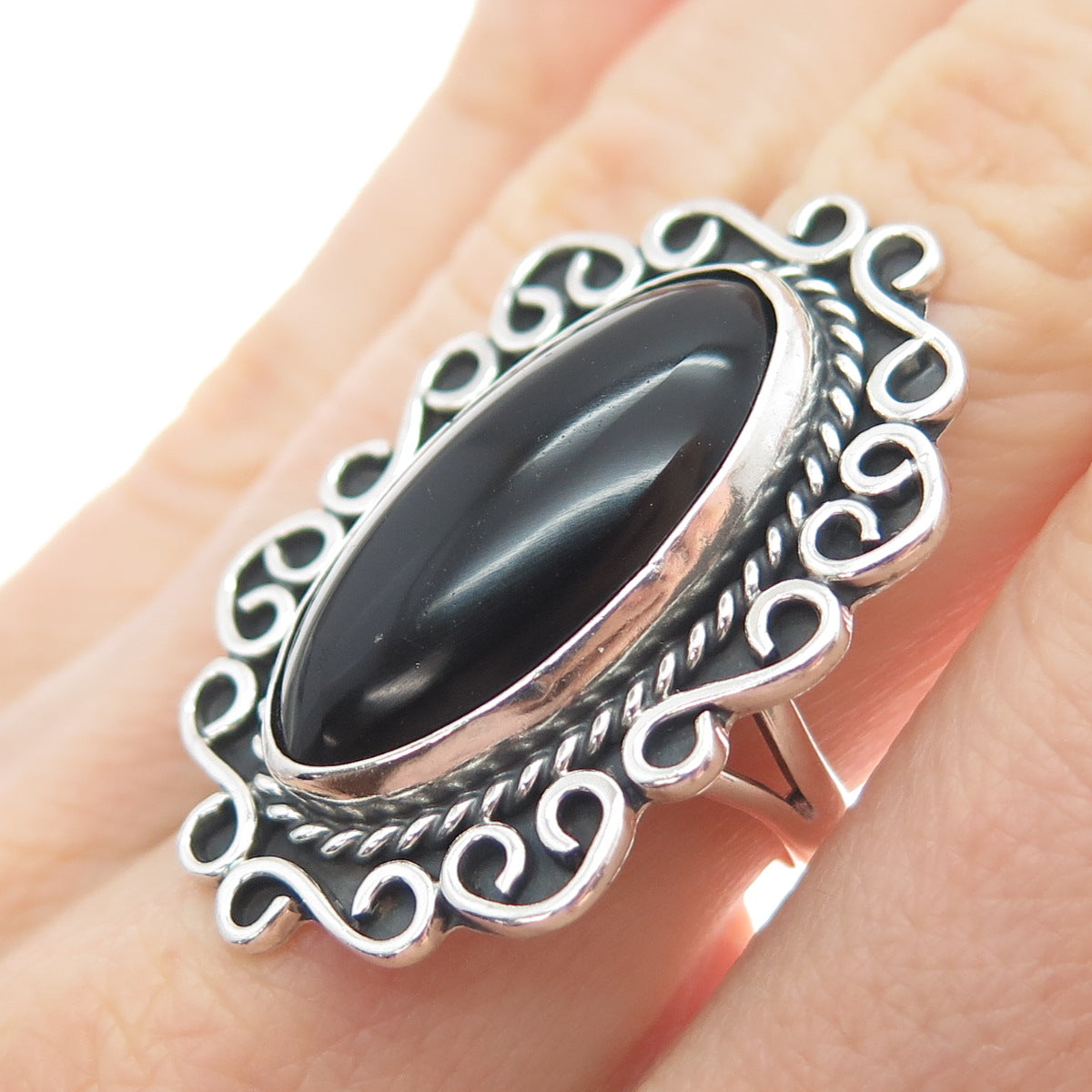 925 Sterling Silver Vintage Mexico Real Black Onyx Modernist Ring Size 7