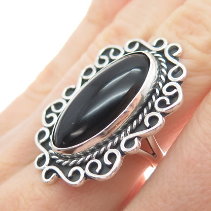 925 Sterling Silver Vintage Mexico Real Black Onyx Modernist Ring Size 7