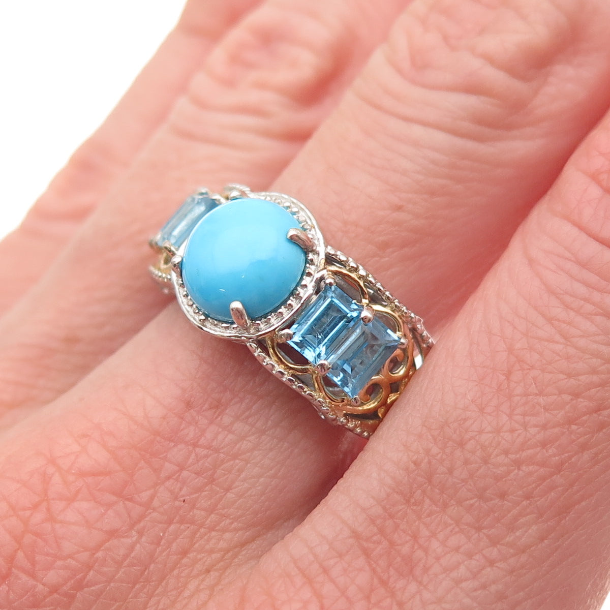 Chuck Clemency 925 Sterling 2-Tone Real Turquoise & Blue Topaz Ring Size 8.25