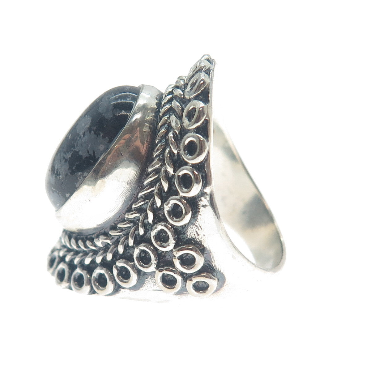 925 Sterling Silver Vintage Snowflake Obsidian Circle Link Oxidized Ring Size 9