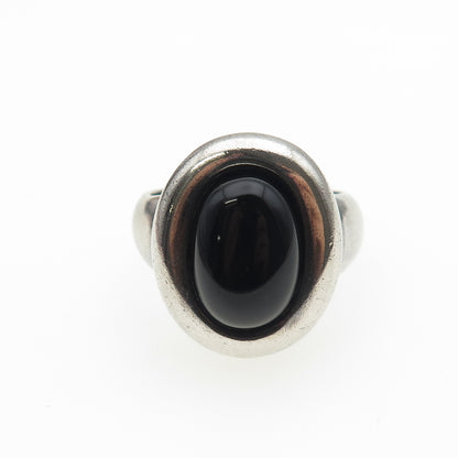 925 Sterling Silver Vintage Real Black Onyx Modernist Oxidized Ring Size 9