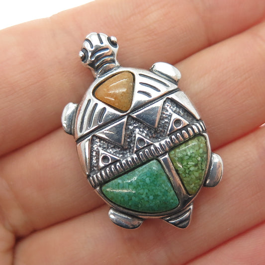 CAROLYN POLLACK Sterling Silver Vintage Turquoise Coral Inlay Turtle Pin Pendant