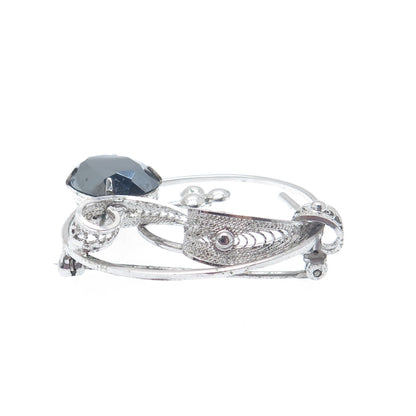 SORRENTO 925 Sterling Silver Vintage Real Hematite Gem Filigree Floral Brooch