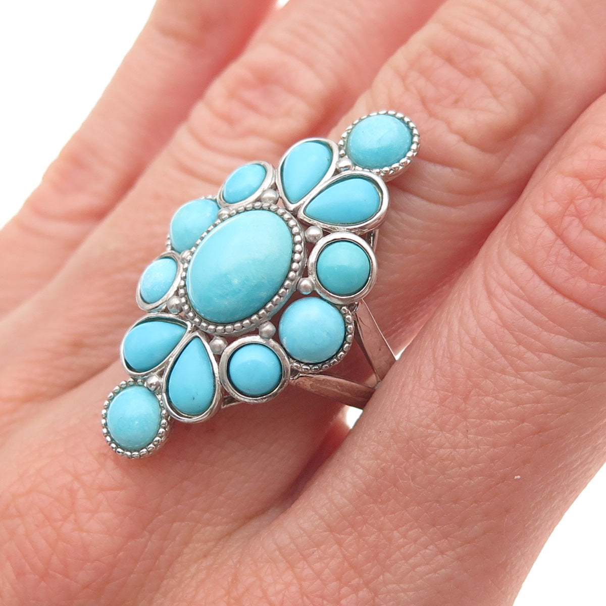 925 Sterling Silver Real Sleeping Beauty Turquoise Floral Ring Size 8