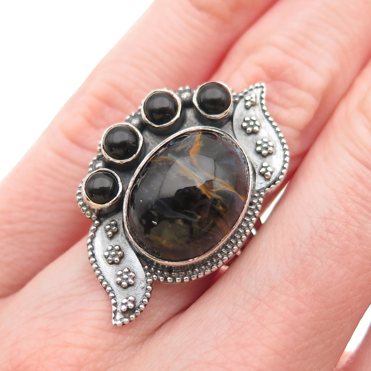 925 Sterling Silver Vintage Real Black Tiger Eye & Onyx Modernist Ring Size 6.25