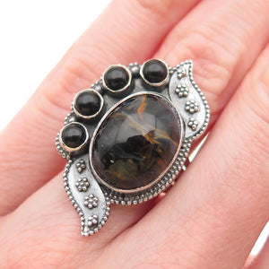 925 Sterling Silver Vintage Real Black Tiger Eye & Onyx Modernist Ring Size 6.25