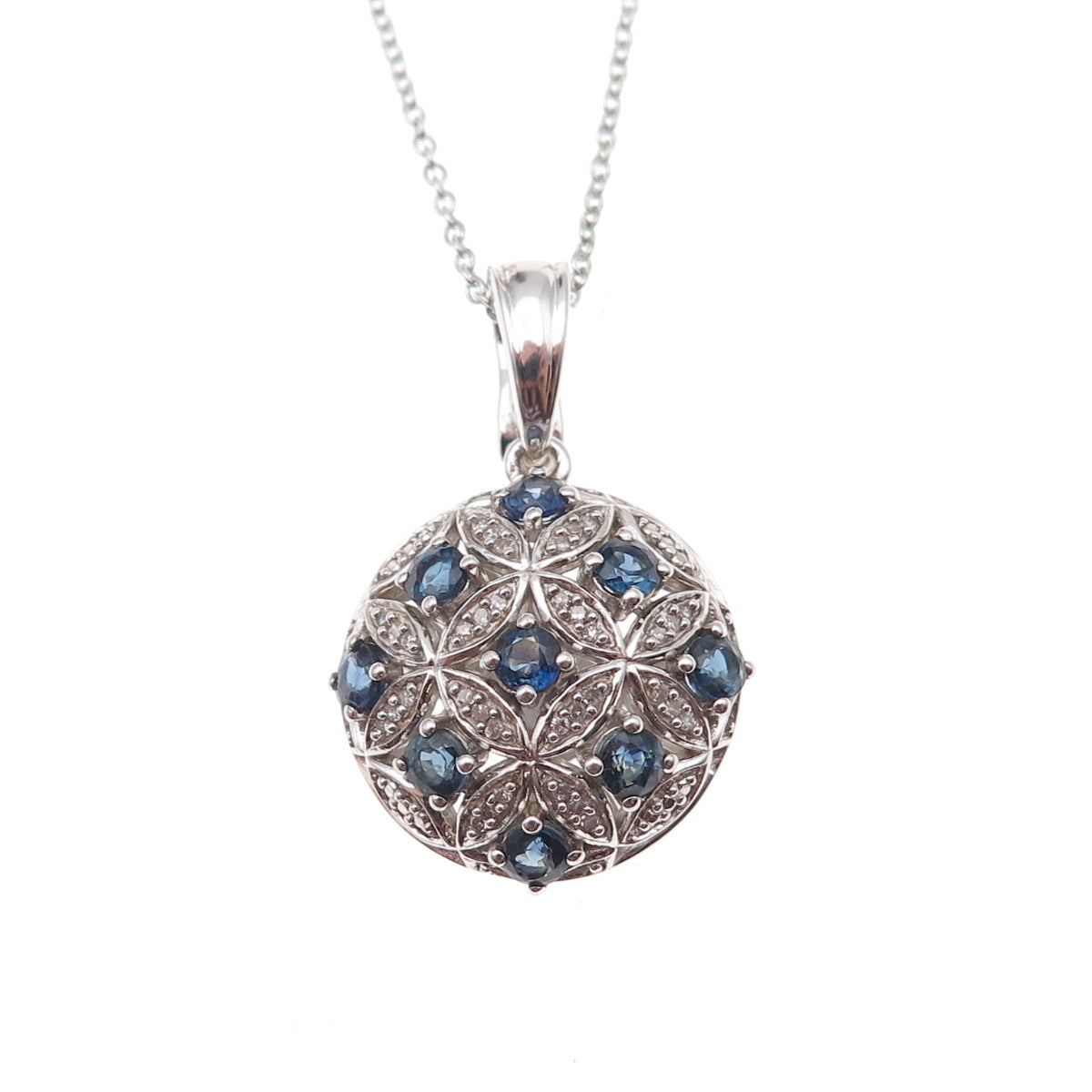 925 Sterling Silver Real Diamond & Sapphire Floral Cable Chain Necklace 18"