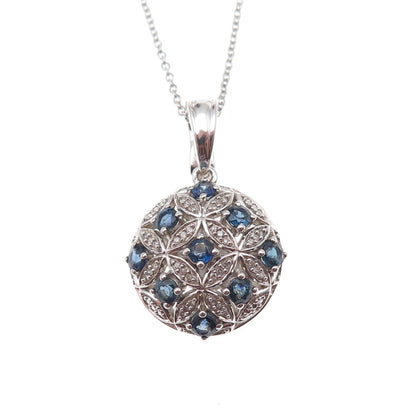 925 Sterling Silver Real Diamond & Sapphire Floral Cable Chain Necklace 18"