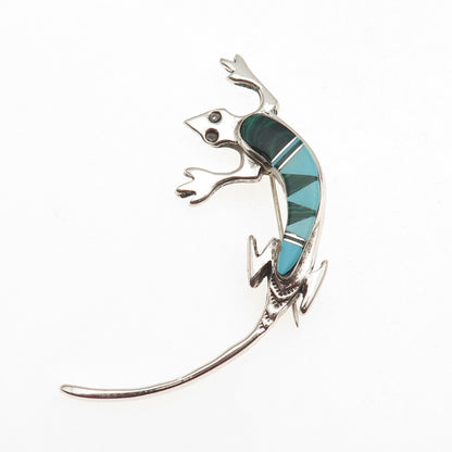 Arnold Maloney Navajo Old Pawn 925 Sterling Turquoise & Malachite Lizard Brooch