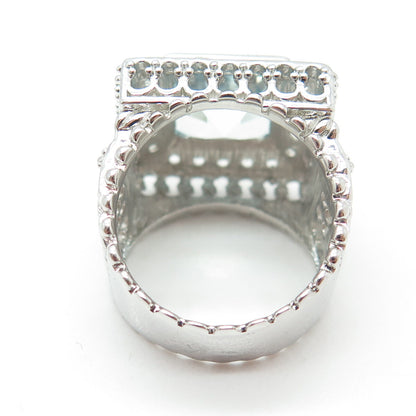 925 Sterling Silver Real Princess-Cut Blue & Round-Cut White Topaz Ring Size 7