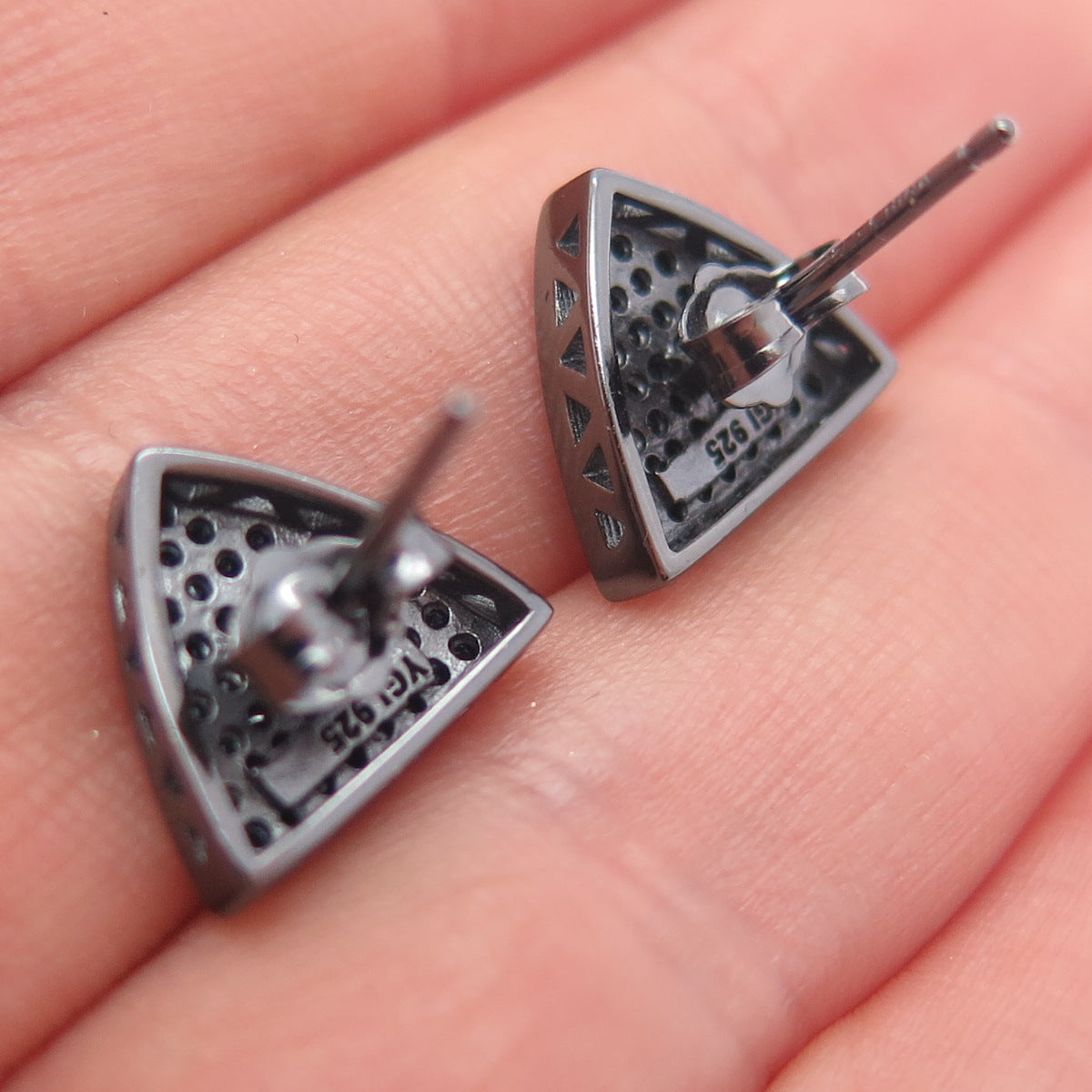 925 Sterling Silver Black Rhodium Round-Cut C Z Triangle Stud Earrings