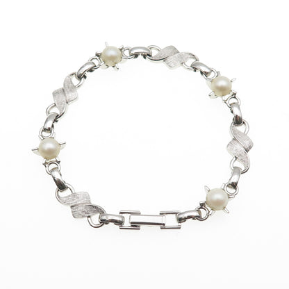 LAMODE 925 Sterling Silver Antique Art Deco Real Pearl Bracelet 6.75"