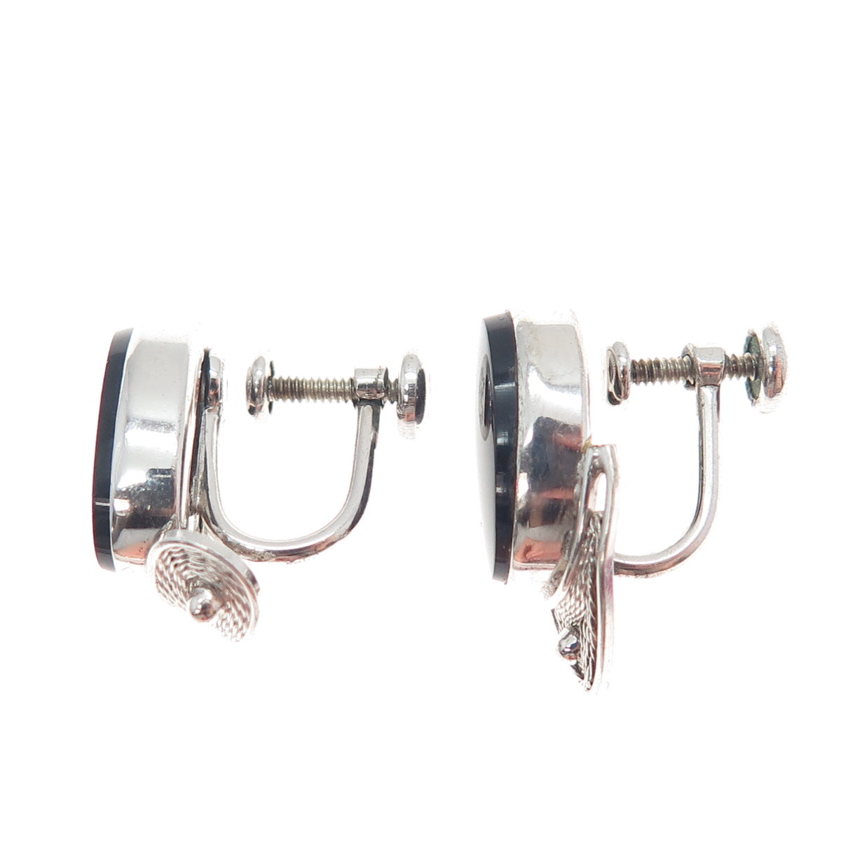 VAN DELL Sterling Silver Vintage Real Black Onyx Filigree Screw Back Earrings
