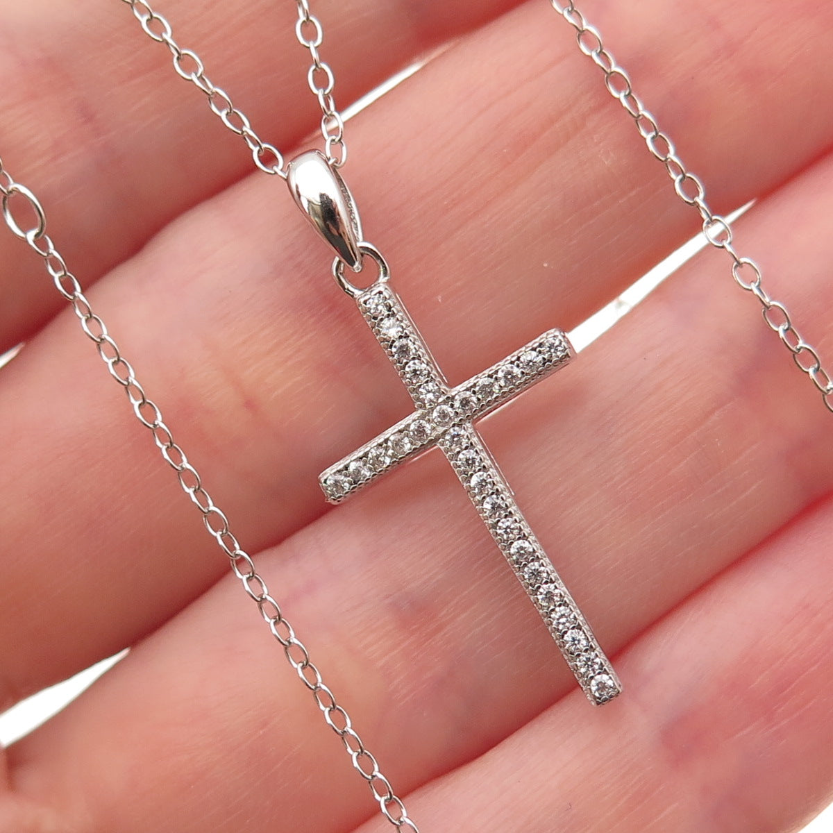 925 Sterling Silver Round-Cut C Z Cross Cable Chain Necklace 16-18"