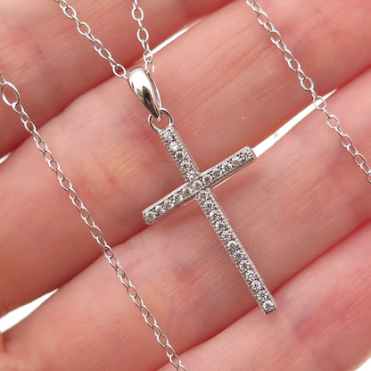 925 Sterling Silver Round-Cut C Z Cross Cable Chain Necklace 16-18"