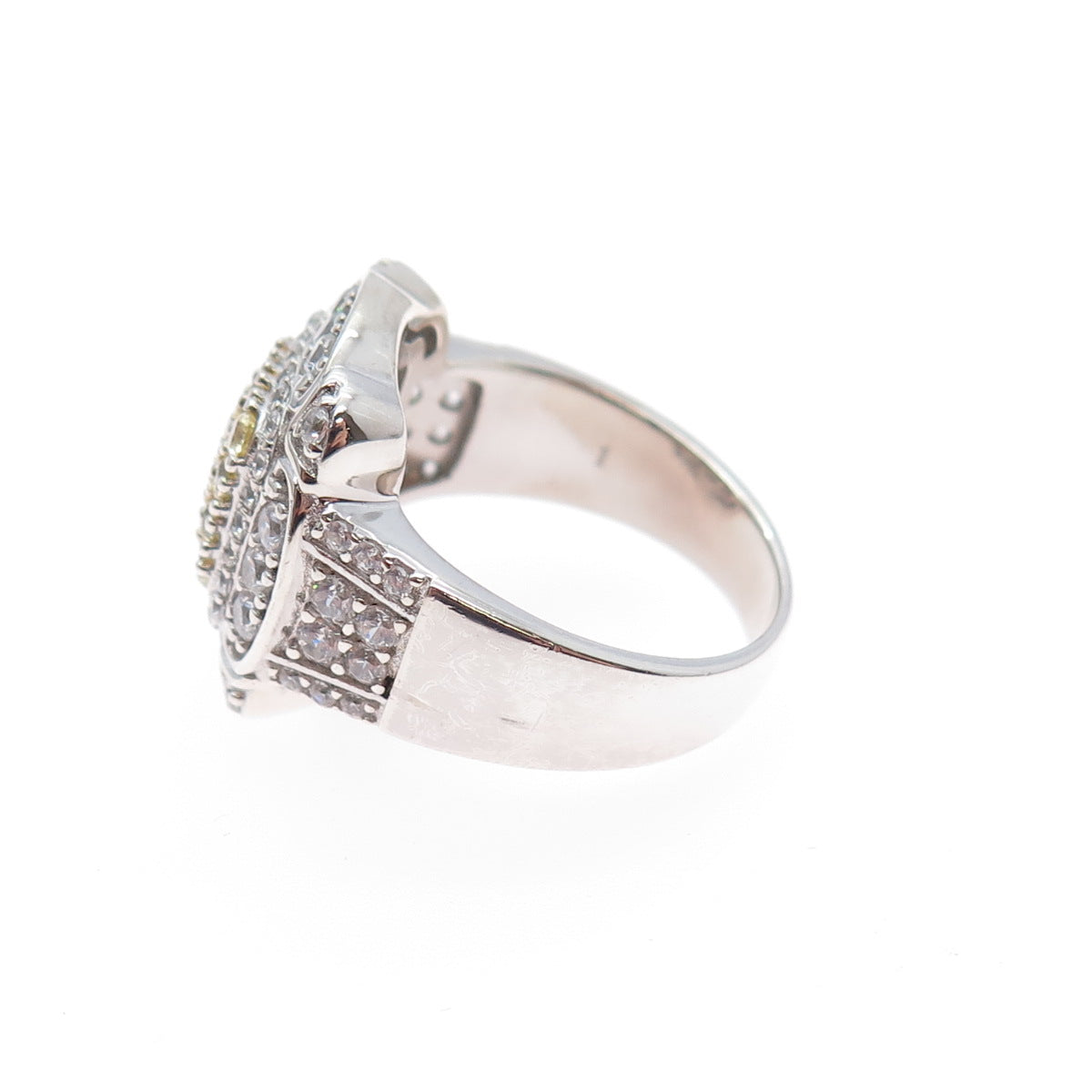 925 Sterling Silver 2-Tone Round-Cut Canary & White C Z Ring Size 7