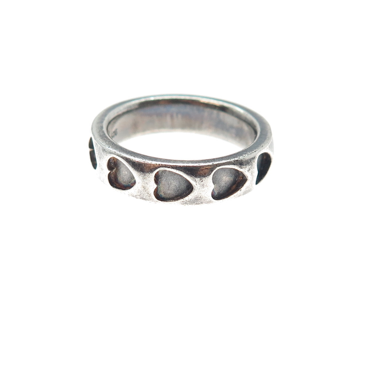 925 Sterling Silver Vintage Heart Oxidized All Around Band Ring Size 6
