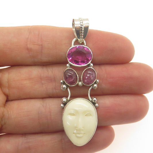 925 Sterling Silver Vintage Real Pink Amethyst Tourmaline & MOP Goddess Pendant