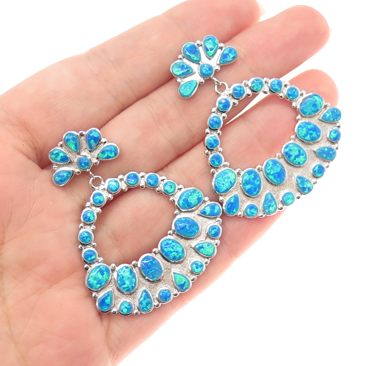 SX SALLY C 925 Sterling Silver Vintage Real Opal Modernist Dangle Earrings