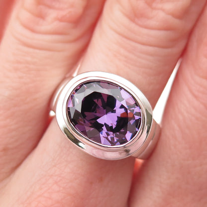 925 Sterling Silver Vintage Real Oval-Cut Amethyst Modernist Ring Size 9