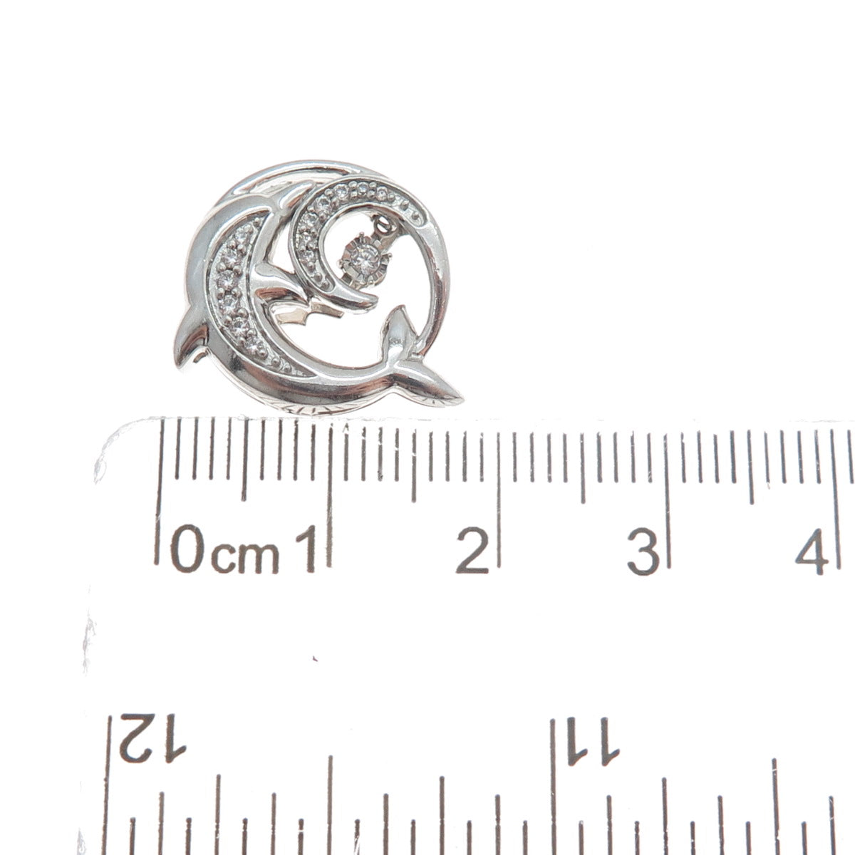 925 Sterling Silver Round-Cut Shaped C Z Friendly Dolphin Slide Pendant