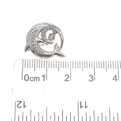 925 Sterling Silver Round-Cut Shaped C Z Friendly Dolphin Slide Pendant