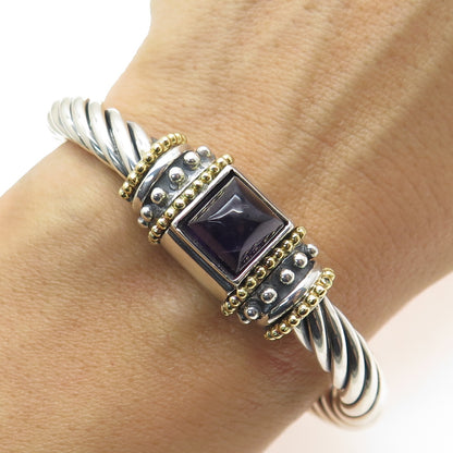 14K Gold & 925 Sterling Silver Vintage Italy Real Amethyst Bangle Bracelet 6.5"