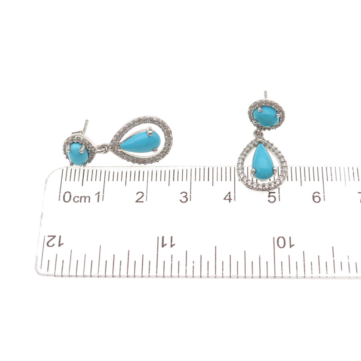 925 Sterling Silver Real Sleeping Beauty Turquoise & White Topaz Dangle Earrings