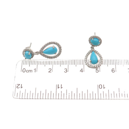 925 Sterling Silver Real Sleeping Beauty Turquoise & White Topaz Dangle Earrings