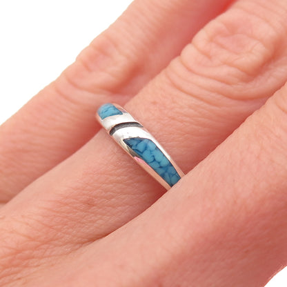 Old Pawn 925 Sterling Silver Vintage Southwestern Turquoise Inlay Ring Size 6