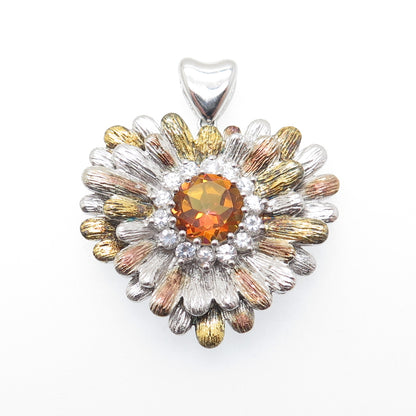 CHUCK CLEMENCY Sterling Silver 3-Tone Real Fire Quartz C Z Flower Heart Pendant