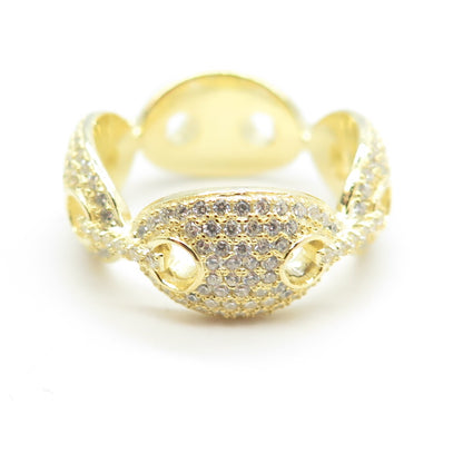 925 Sterling Silver Gold Plated Pave C Z Anchor Mariner Chain Band Ring Size 6