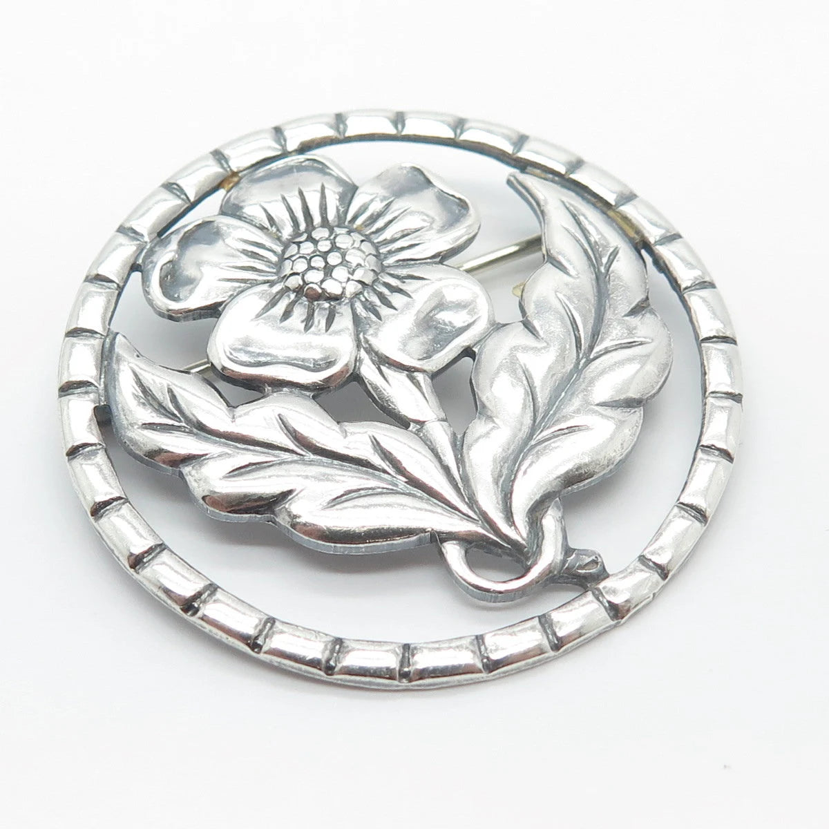 925 Sterling Silver Vintage Round Floral Pin Brooch