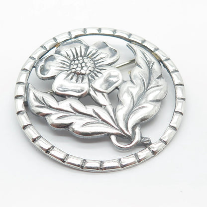 925 Sterling Silver Vintage Round Floral Pin Brooch
