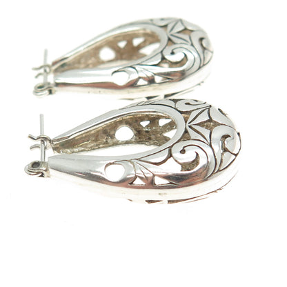 925 Sterling Silver Vintage Ornate Hinged Hoop Earrings