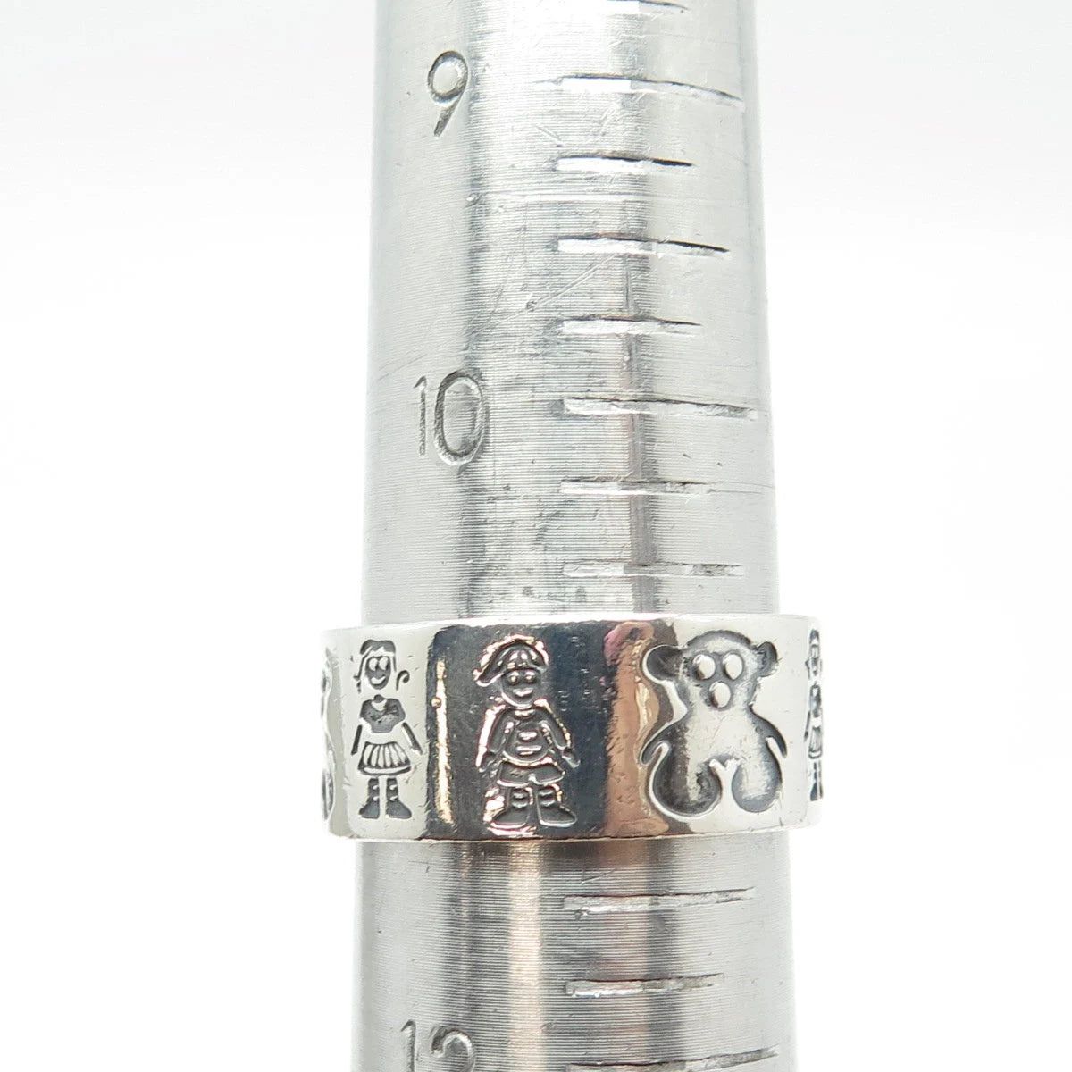 925 Sterling Silver Vintage Mexico Girl Boy & Bear Band Ring Size 11.5