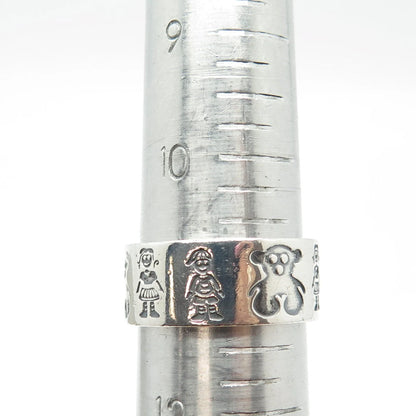 925 Sterling Silver Vintage Mexico Girl Boy & Bear Band Ring Size 11.5
