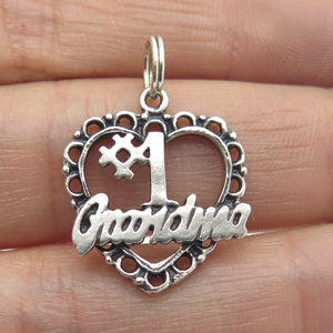 925 Sterling Silver Vintage "#1 Grandma" Heart Oxidized Charm Pendant