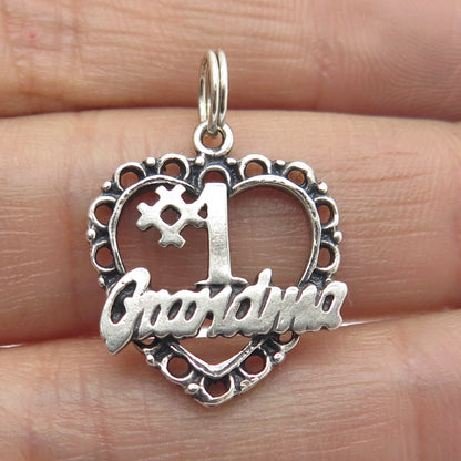 925 Sterling Silver Vintage "#1 Grandma" Heart Oxidized Charm Pendant