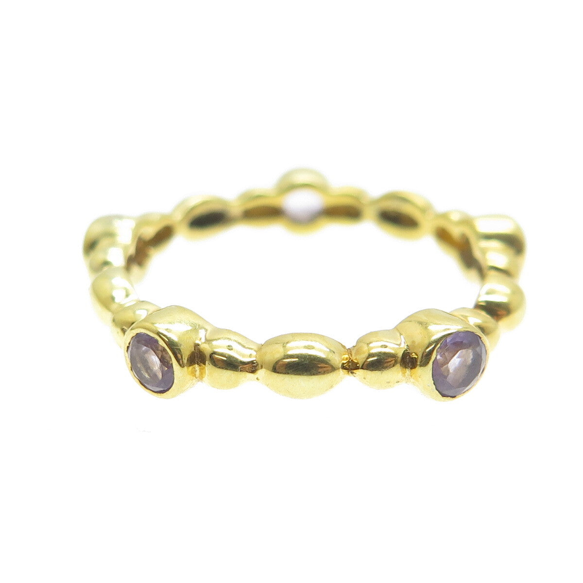 925 Sterling Silver Gold Plated Real Amethyst Beaded Band Ring Size 6.75