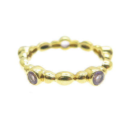 925 Sterling Silver Gold Plated Real Amethyst Beaded Band Ring Size 6.75