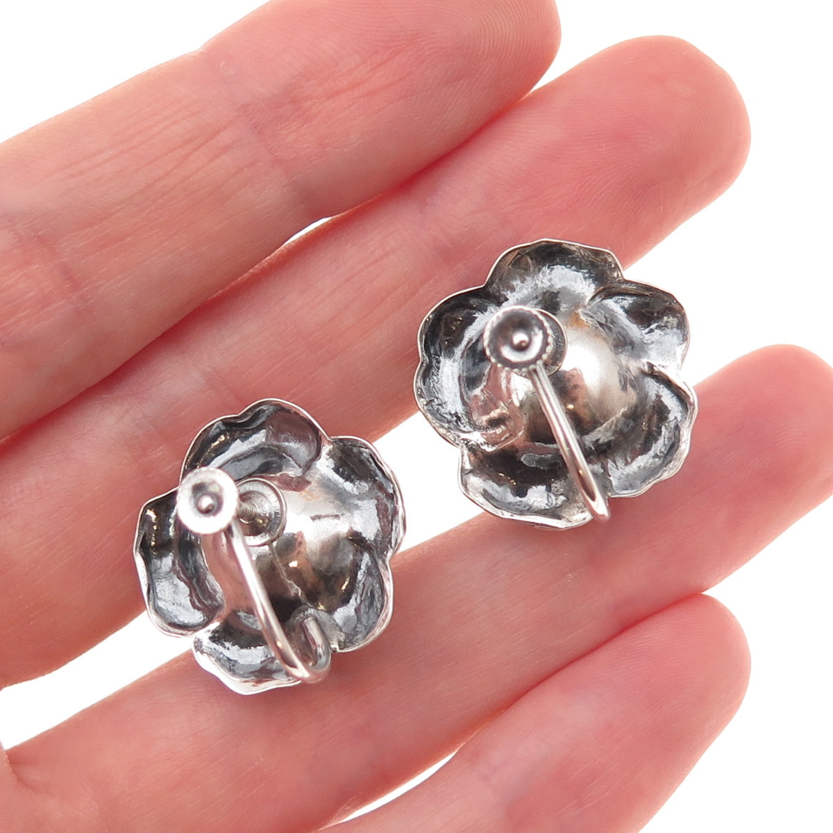925 Sterling Silver Antique Art Deco Rose Flower Oxidized Screw Back Earrings