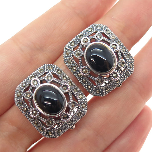 925 Sterling Silver Vintage Real Black Onyx Marcasite Oxidized Clip On Earrings