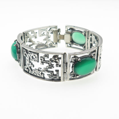 925 Sterling Silver Vintage Real Green Onyx Oxidized Panel Link Bracelet 7.25"