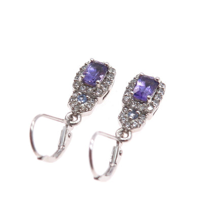 CHUCK CLEMENCY 925 Sterling Silver Real Amethyst & White Topaz Dangle Earrings
