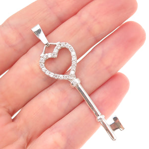 925 Sterling Silver Round-Cut C Z Heart Key Charm Pendant