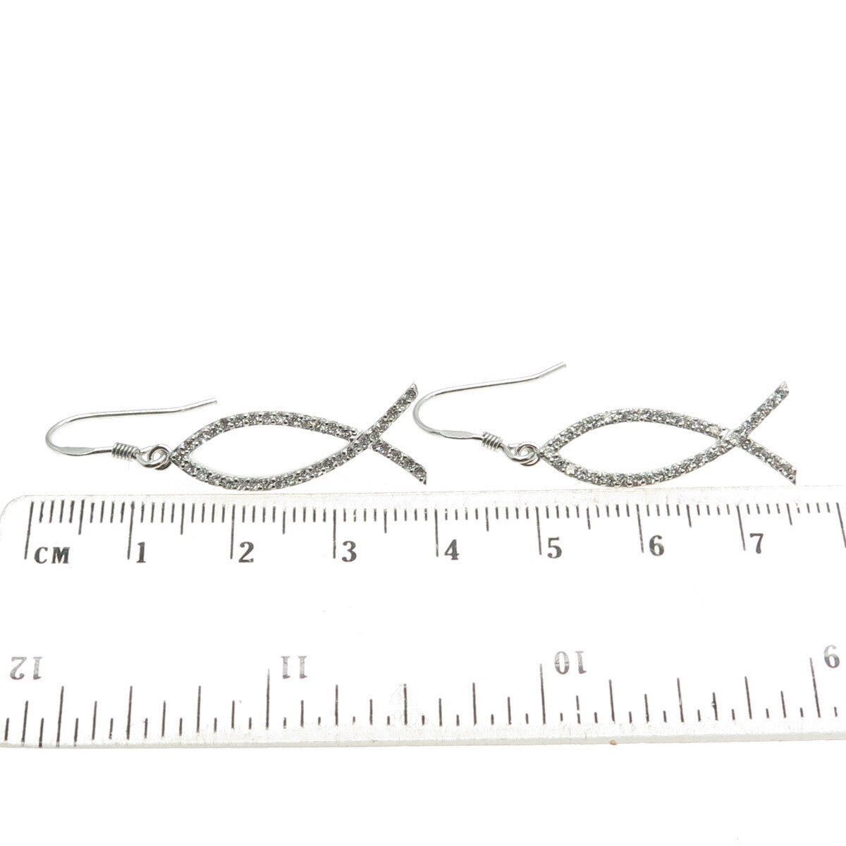 925 Sterling Silver Round-Cut C Z Ichthys Symbol Dangling Earrings