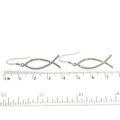 925 Sterling Silver Round-Cut C Z Ichthys Symbol Dangling Earrings