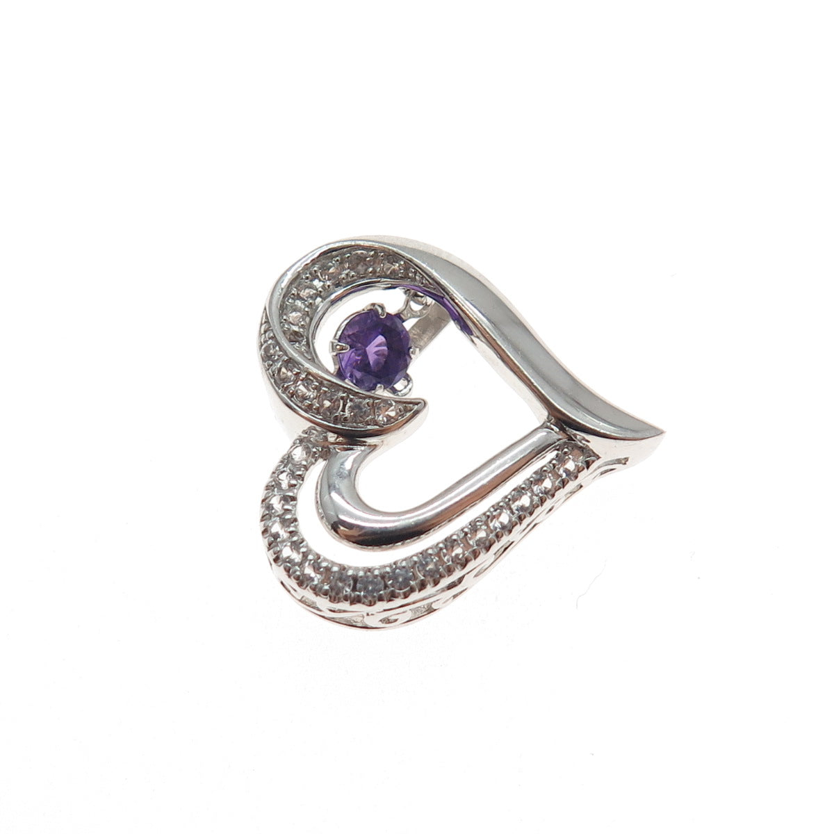 925 Sterling Silver Real Amethyst & White Topaz Heart Mini Slide Charm Pendant